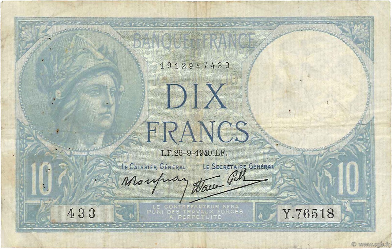 10 Francs MINERVE modifié FRANCE  1940 F.07.15 TB