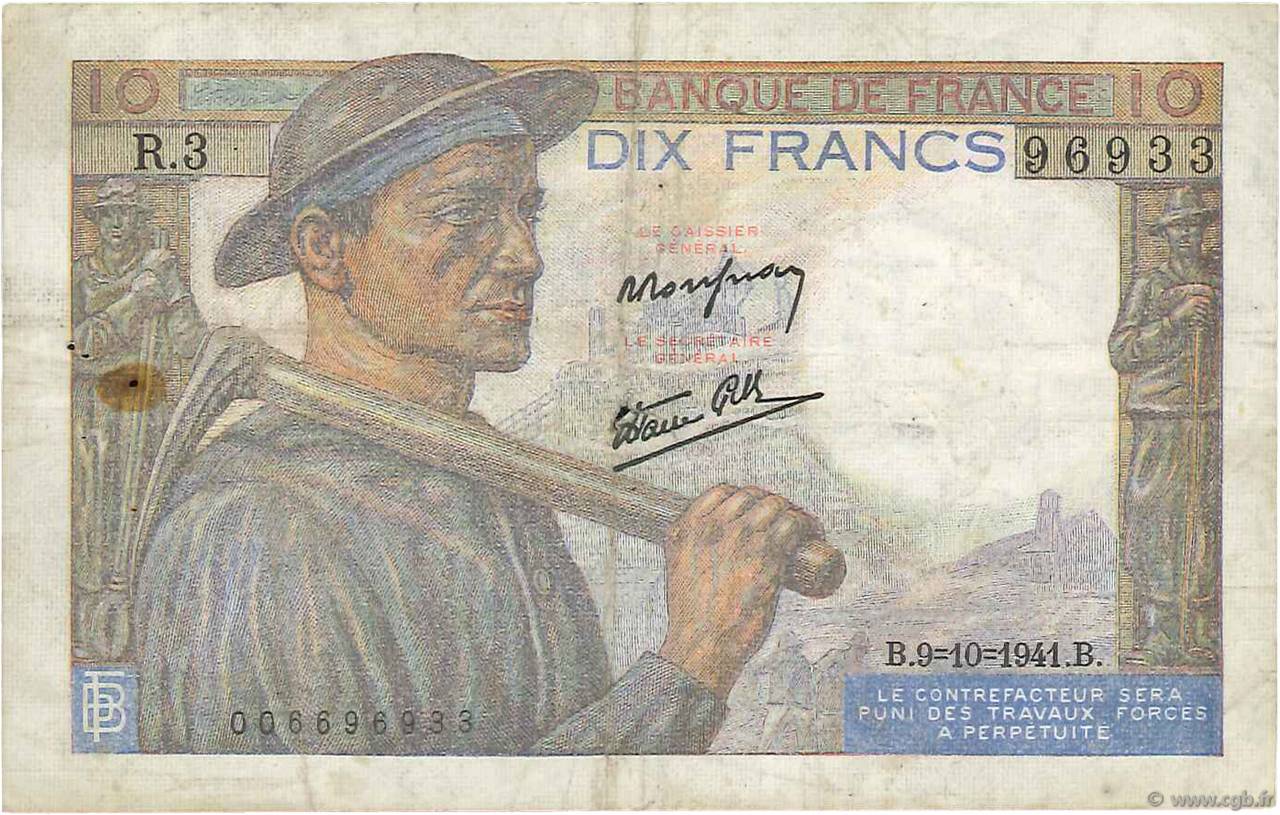 10 Francs MINEUR FRANCE  1941 F.08.02 TB