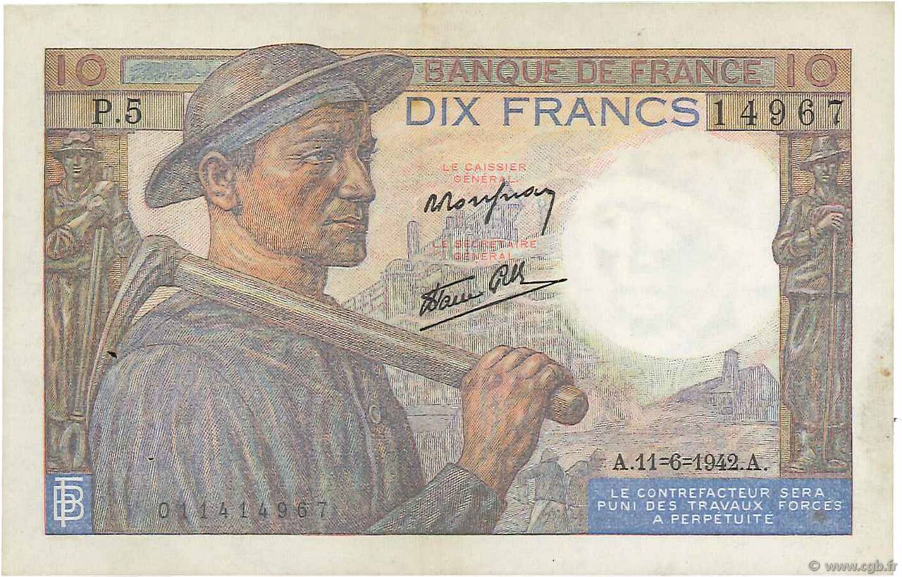 10 Francs MINEUR FRANCE  1942 F.08.03 TTB