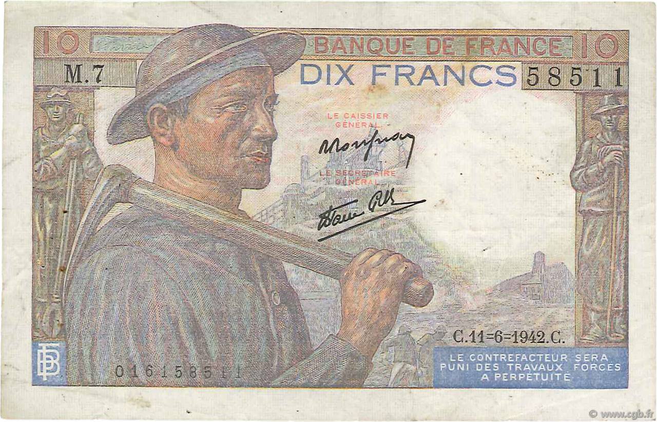 10 Francs MINEUR FRANCE  1942 F.08.03 TB