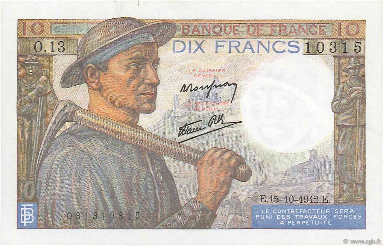 10 Francs MINEUR FRANCE  1942 F.08.04 SUP+