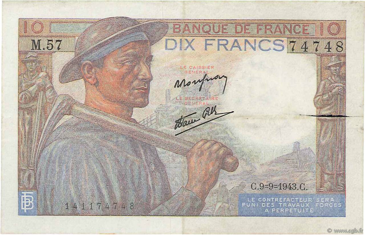 10 Francs MINEUR FRANCE  1943 F.08.09 TB+