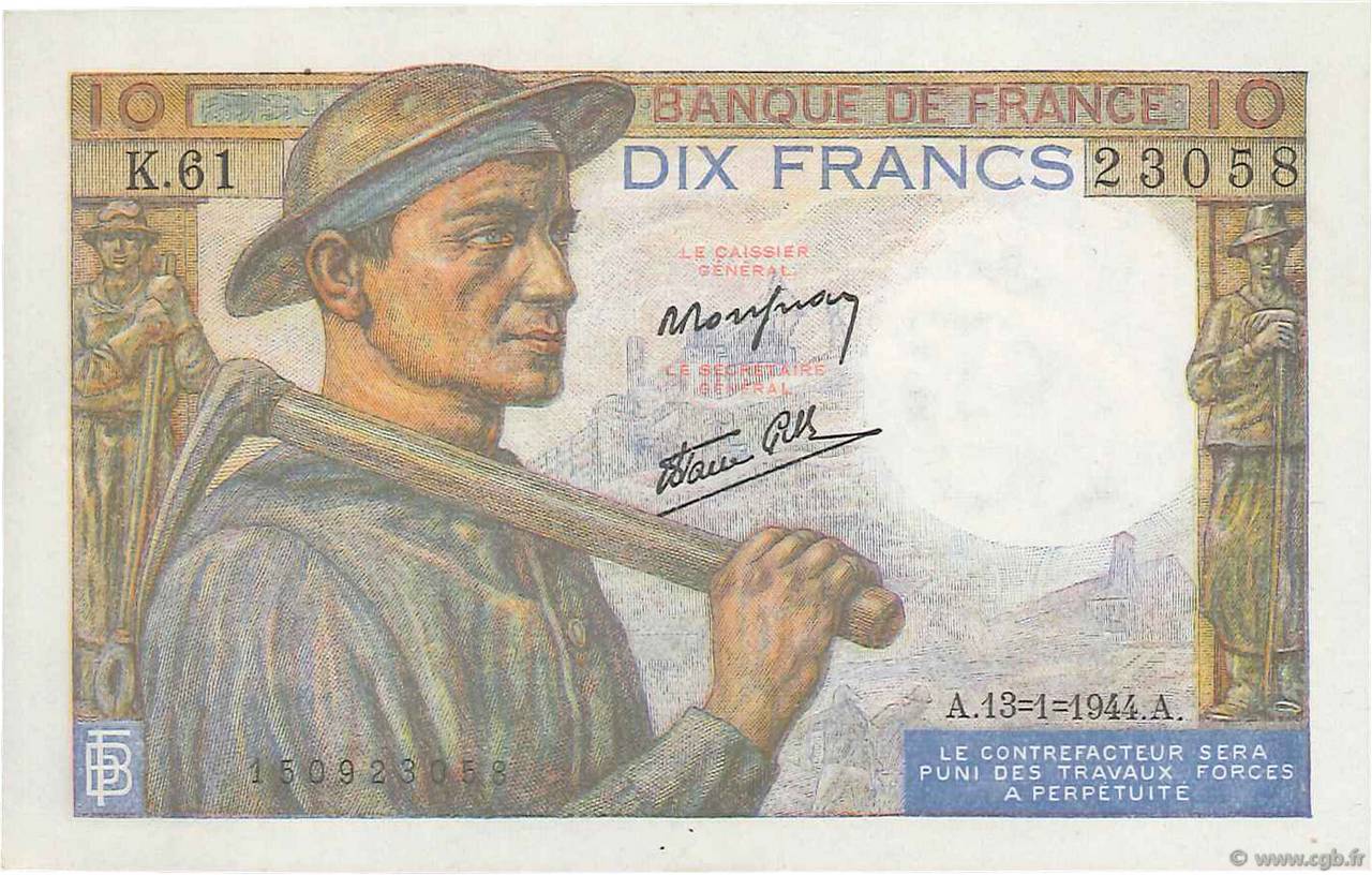 10 Francs MINEUR FRANCE  1944 F.08.10 NEUF