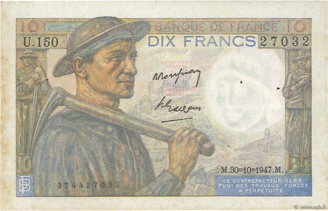 10 Francs MINEUR FRANCE  1947 F.08.18 pr.TTB