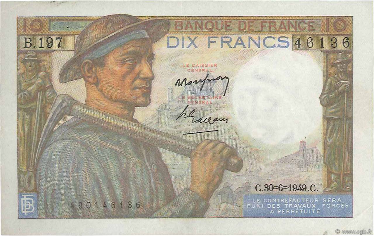 10 Francs MINEUR FRANCE  1949 F.08.22 VF+