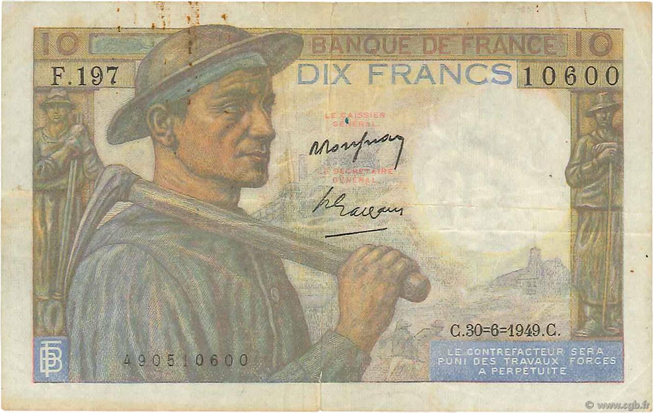 10 Francs MINEUR FRANCE  1949 F.08.22 TB
