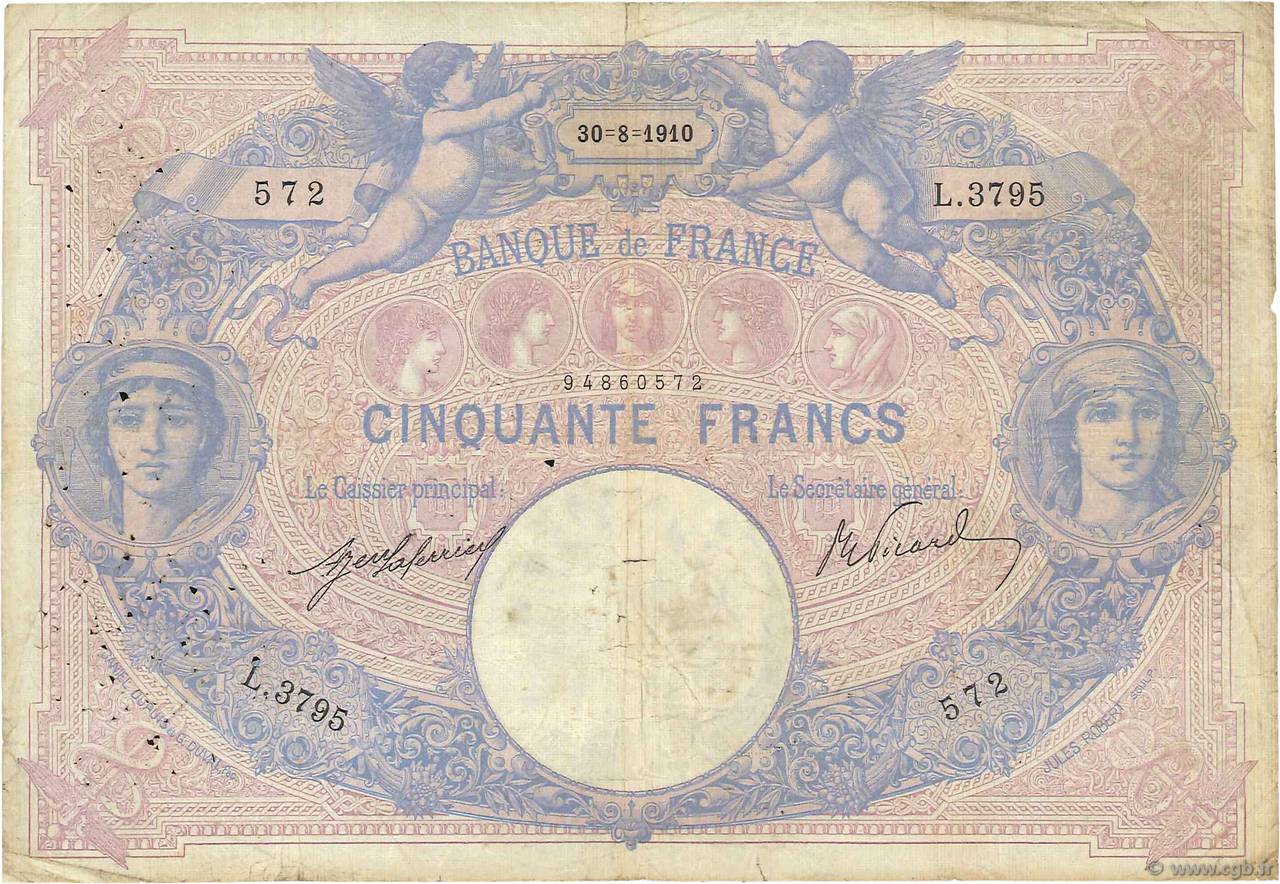 50 Francs BLEU ET ROSE FRANCIA  1910 F.14.23 B