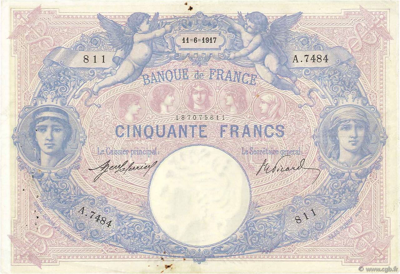 50 Francs BLEU ET ROSE FRANCE  1917 F.14.30 TTB