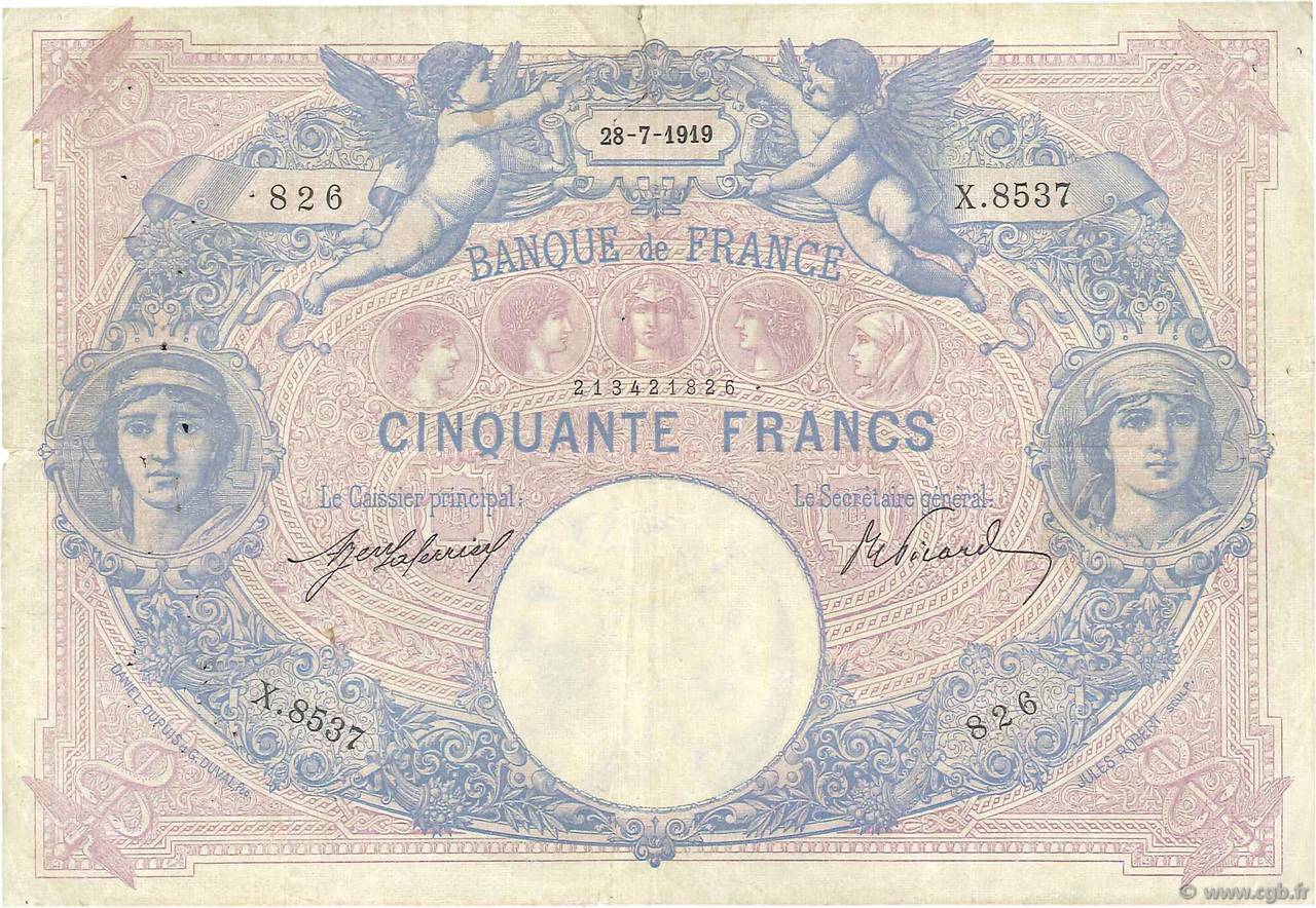 50 Francs BLEU ET ROSE FRANCE  1919 F.14.32 pr.TTB