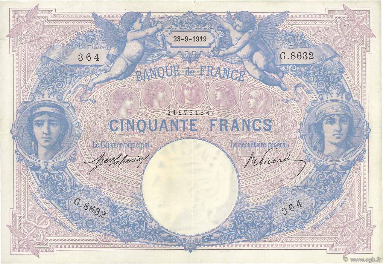 50 Francs BLEU ET ROSE FRANCE  1919 F.14.32 TTB