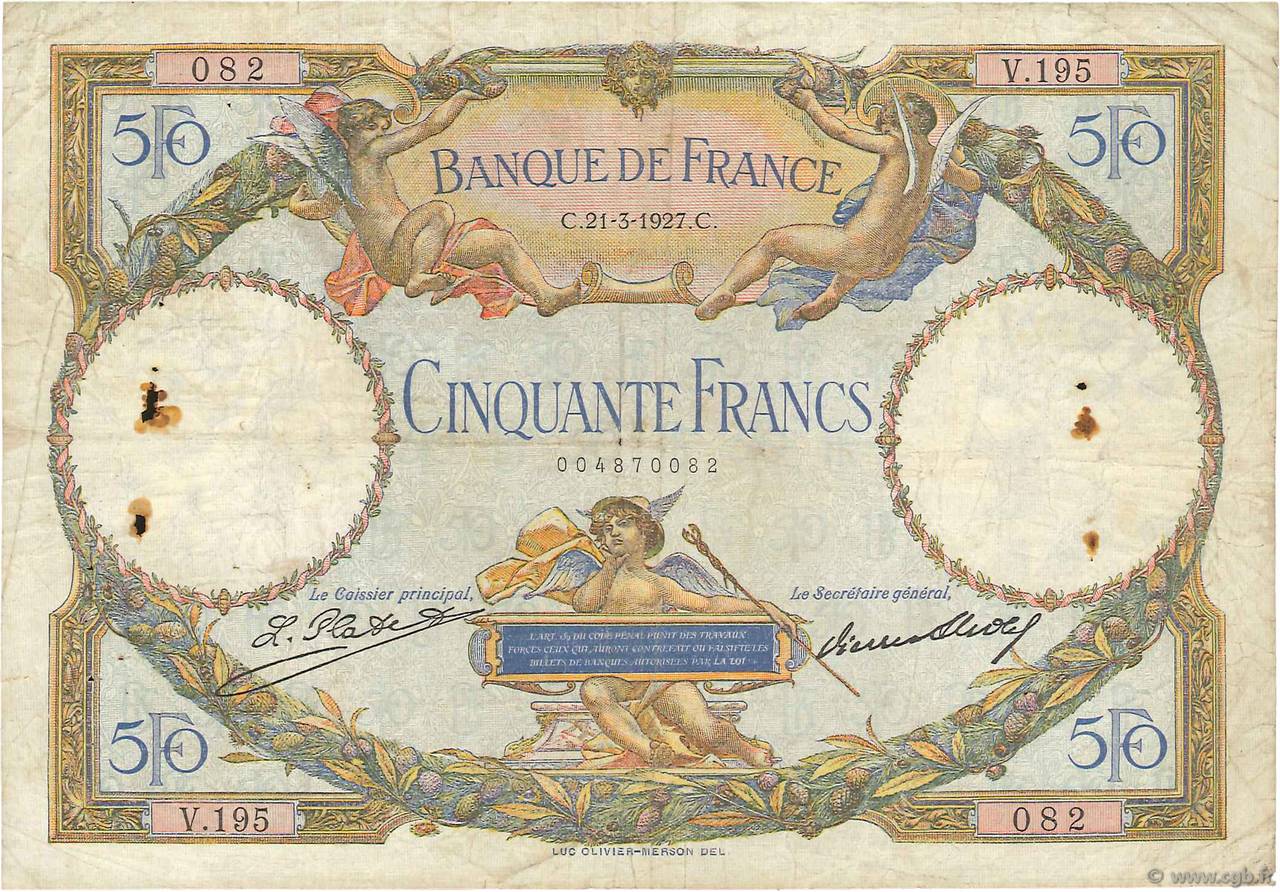 50 Francs LUC OLIVIER MERSON FRANCE  1927 F.15.01 B+