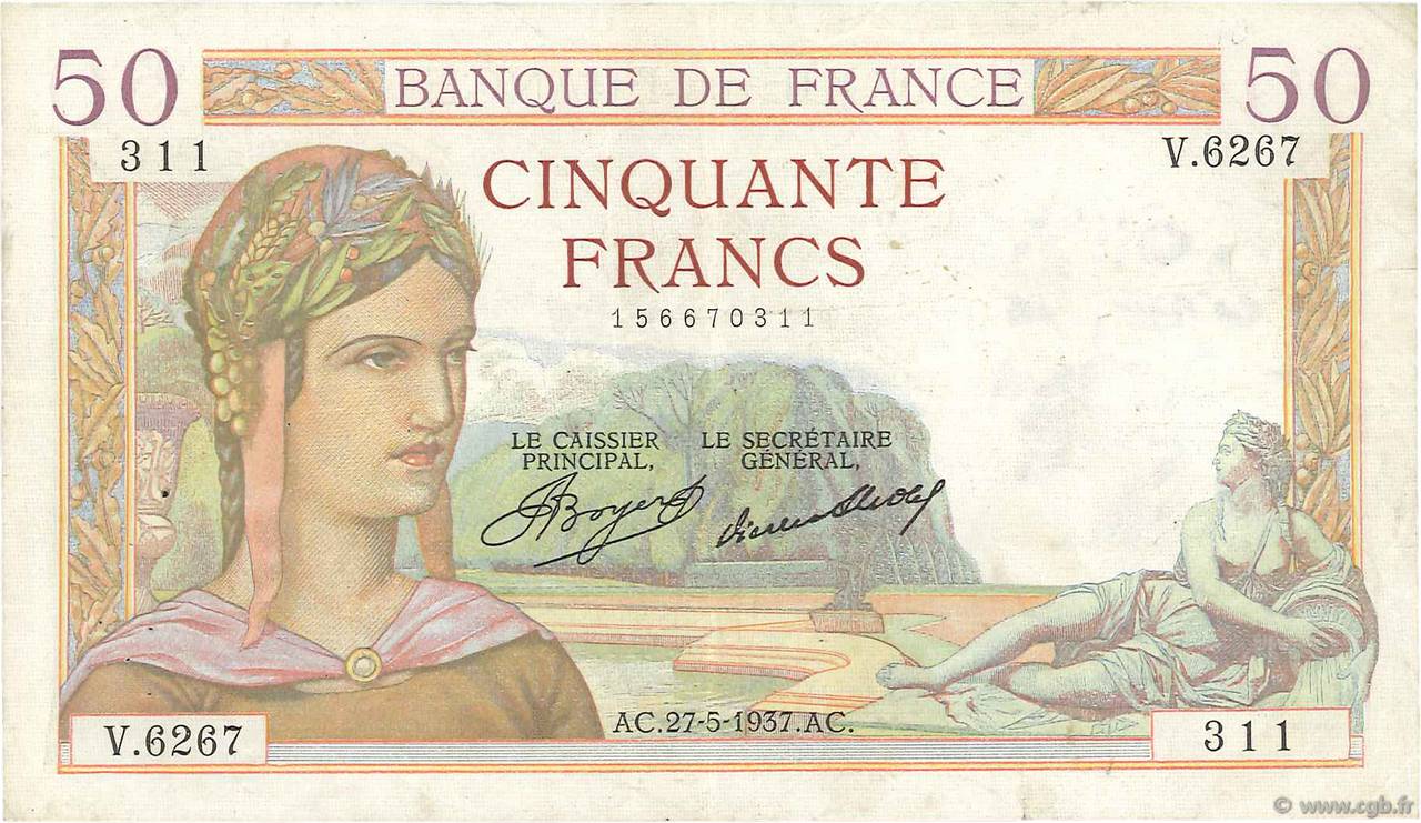 50 Francs CÉRÈS FRANCE  1937 F.17.39 TTB