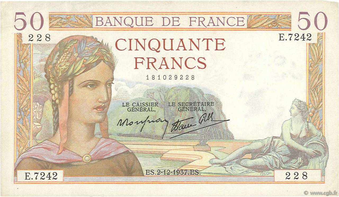 50 Francs CÉRÈS modifié FRANCE  1937 F.18.05 pr.SUP