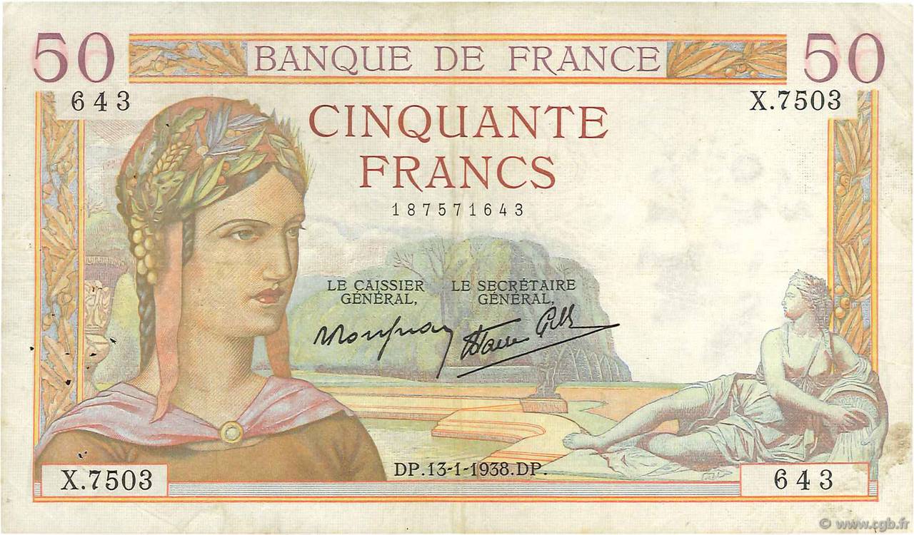 50 Francs CÉRÈS modifié FRANCE  1938 F.18.07 TTB