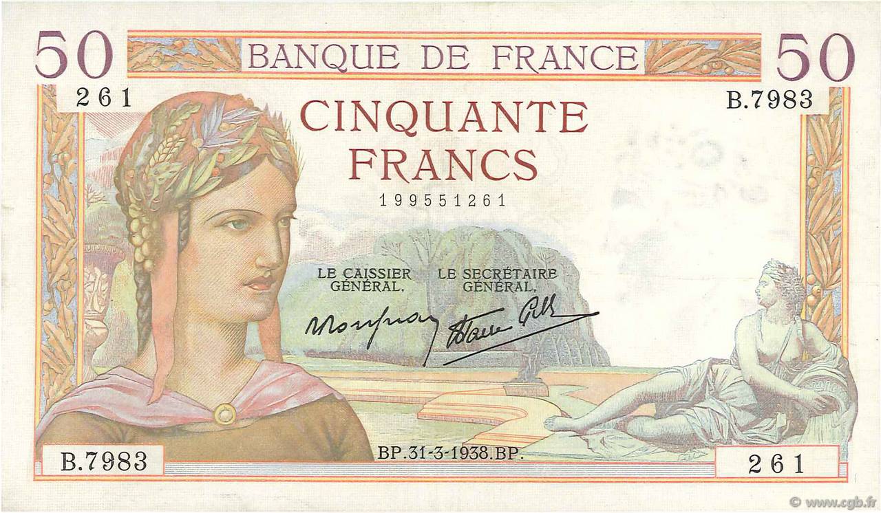 50 Francs CÉRÈS modifié FRANCE  1938 F.18.11 pr.SUP