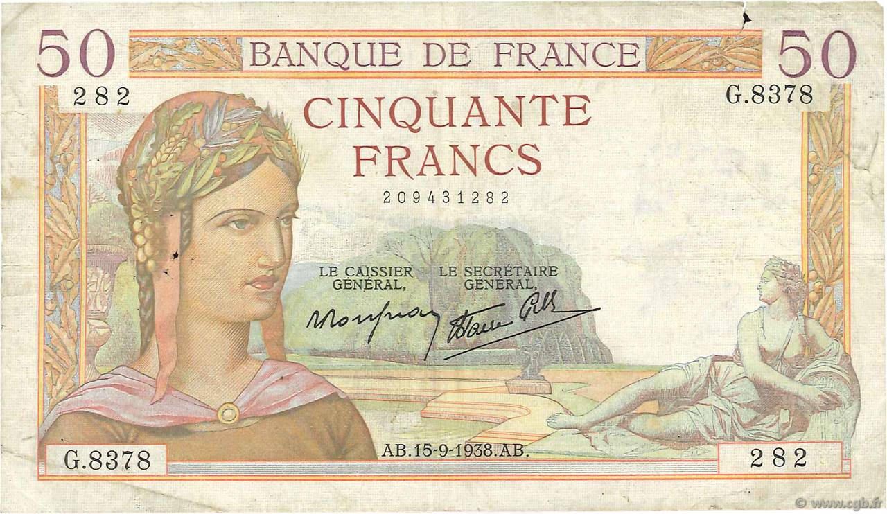 50 Francs CÉRÈS modifié FRANCE  1938 F.18.14 TB+