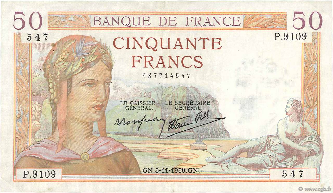 50 Francs CÉRÈS modifié FRANCE  1938 F.18.18 pr.SUP