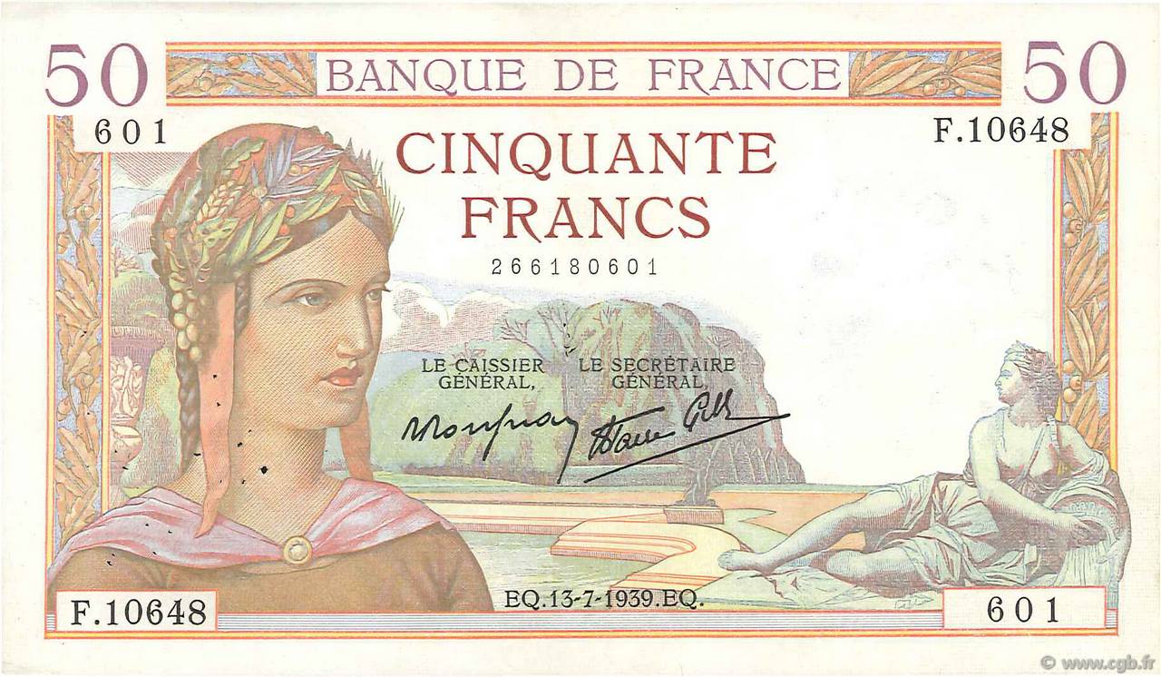 50 Francs CÉRÈS modifié FRANCE  1939 F.18.28 TTB