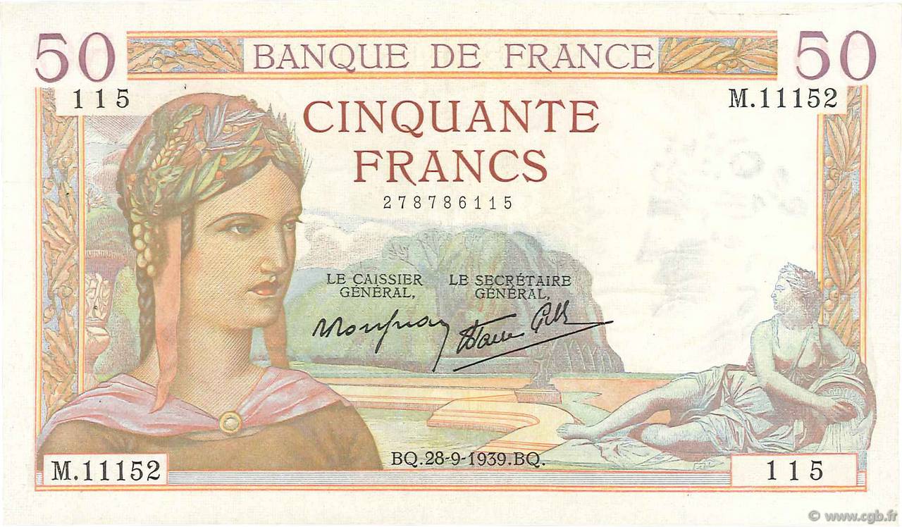 50 Francs CÉRÈS modifié FRANCE  1939 F.18.32 TTB+