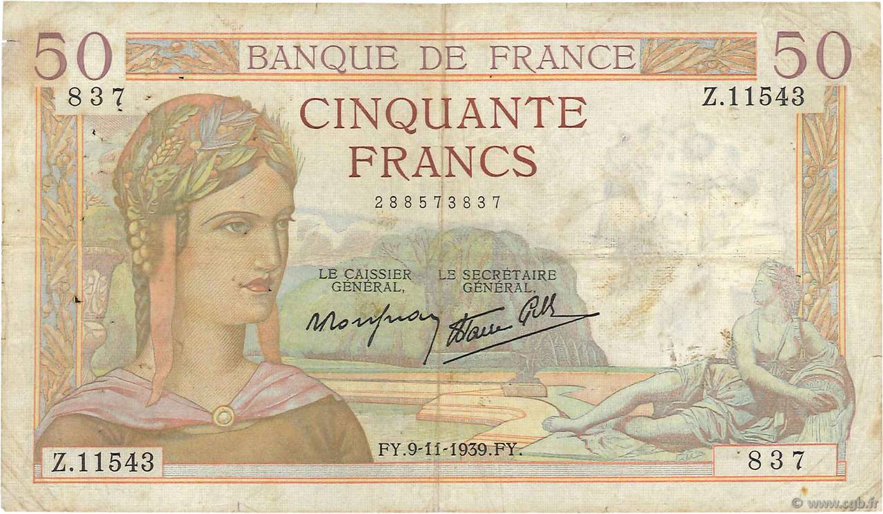 50 Francs CÉRÈS modifié FRANCE  1939 F.18.34 TB