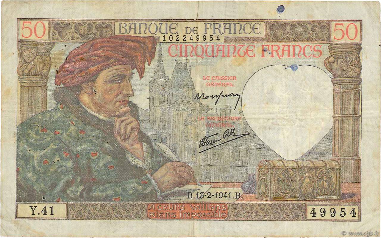 50 Francs JACQUES CŒUR FRANCE  1941 F.19.06 TB