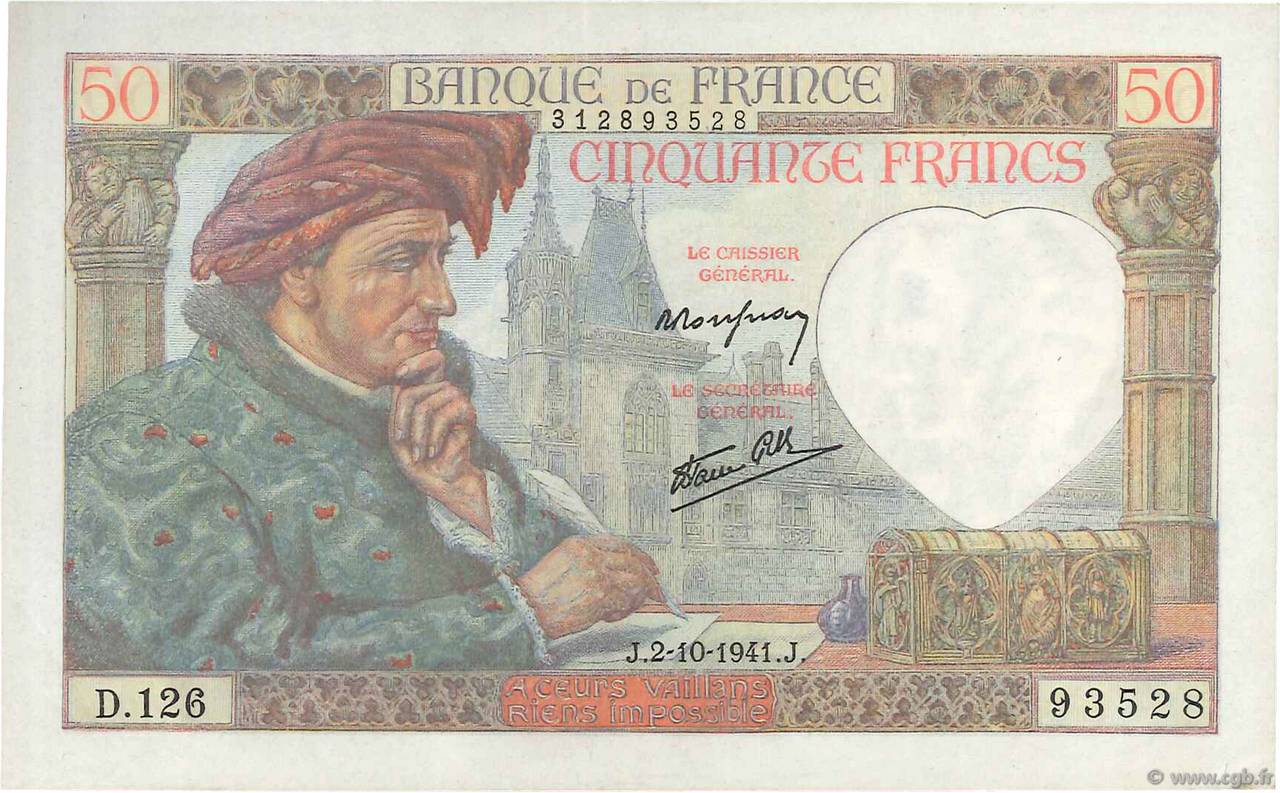 50 Francs JACQUES CŒUR FRANCE  1941 F.19.15 TTB+