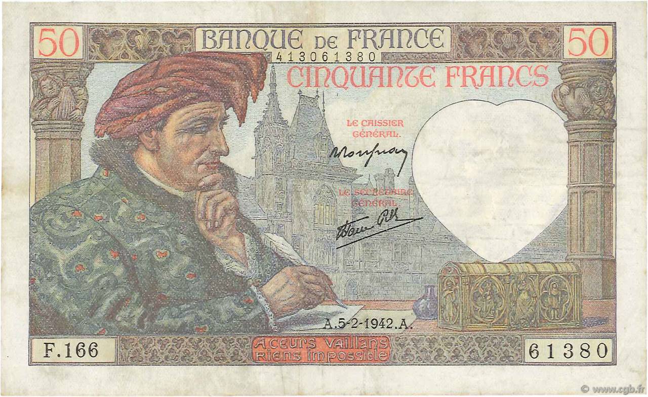 50 Francs JACQUES CŒUR FRANCE  1942 F.19.19 pr.TTB