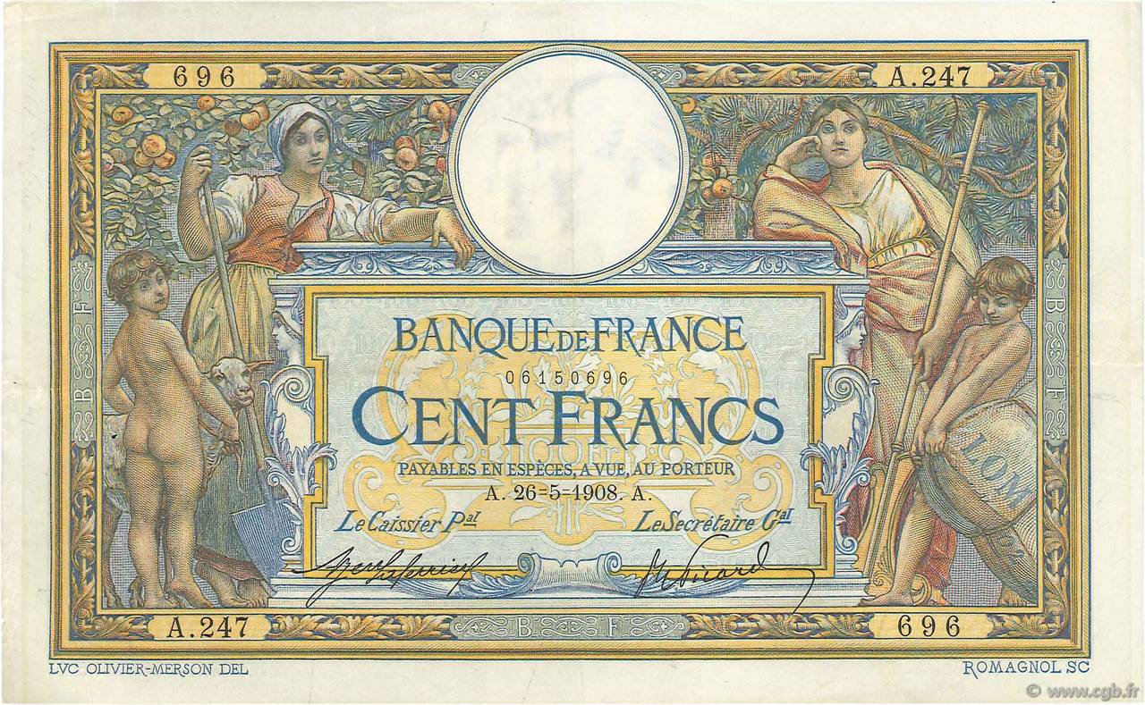 100 Francs LUC OLIVIER MERSON avec LOM FRANCE  1908 F.22.01 pr.SUP