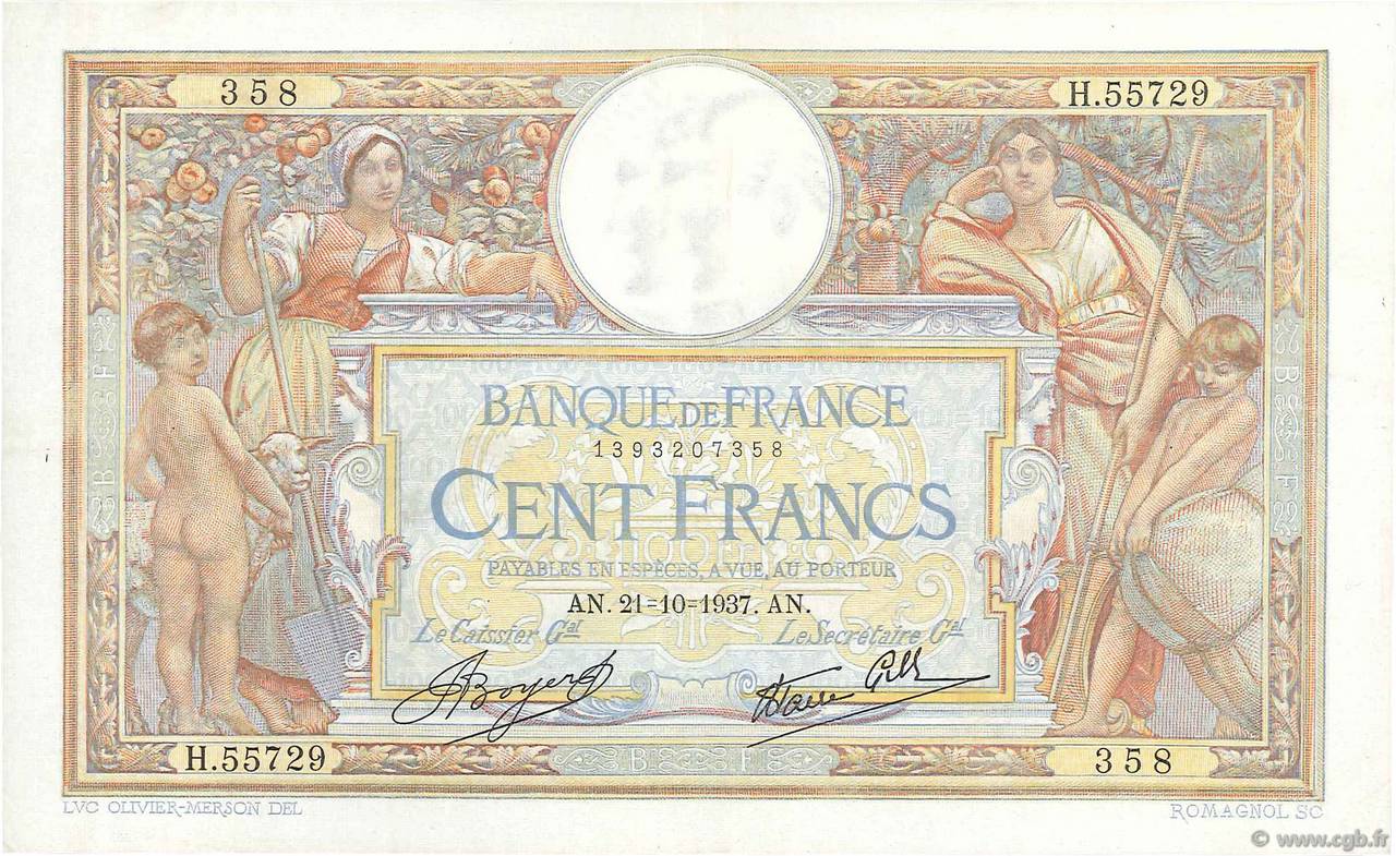 100 Francs LUC OLIVIER MERSON type modifié FRANCE  1937 F.25.03 TTB