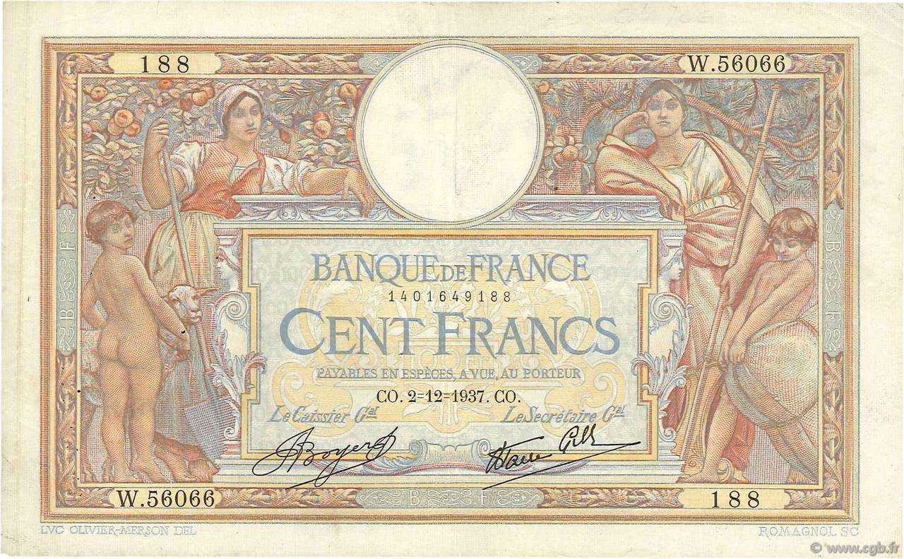 100 Francs LUC OLIVIER MERSON type modifié FRANCIA  1937 F.25.04 MBC