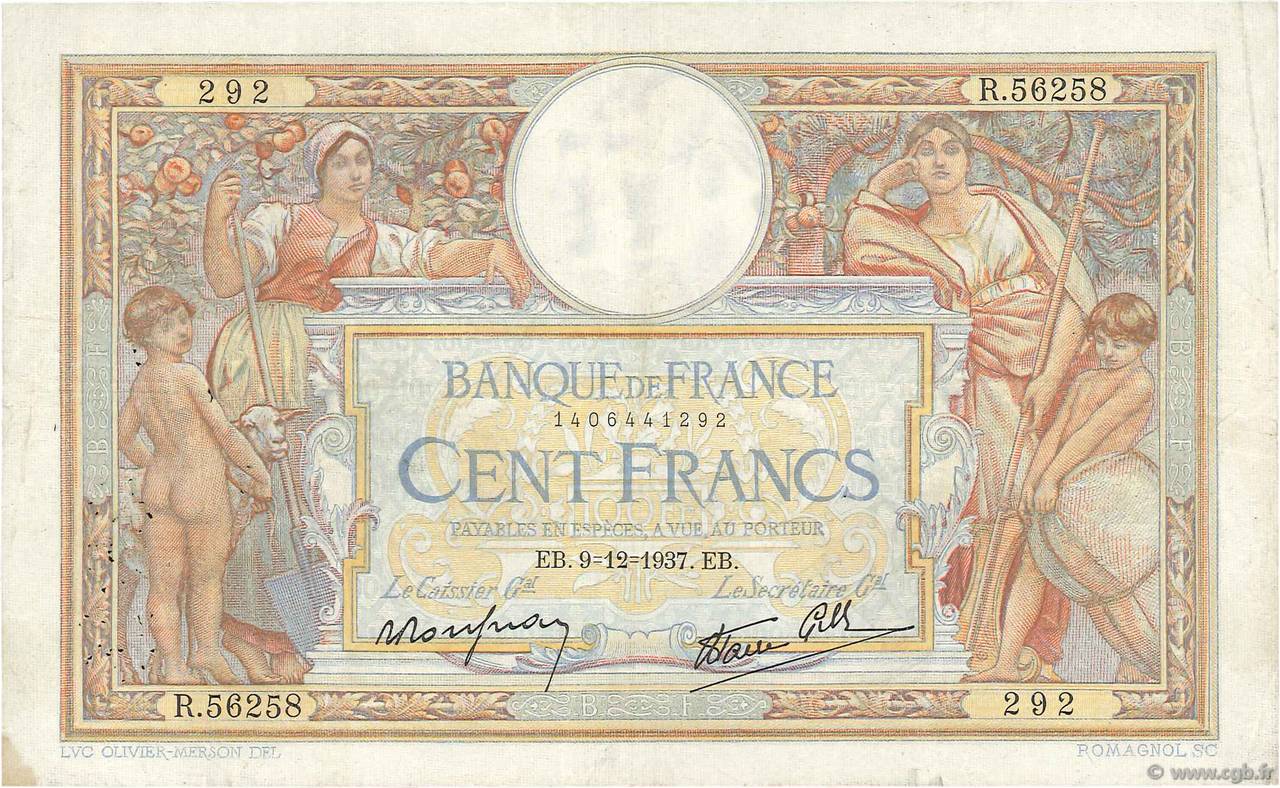 100 Francs LUC OLIVIER MERSON type modifié FRANCE  1937 F.25.05 TB+
