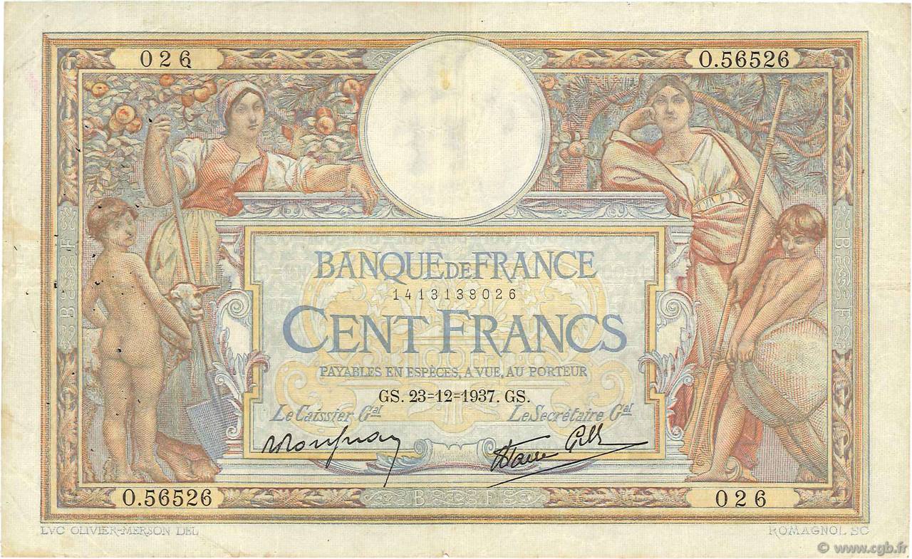 100 Francs LUC OLIVIER MERSON type modifié FRANCE  1937 F.25.06 TB