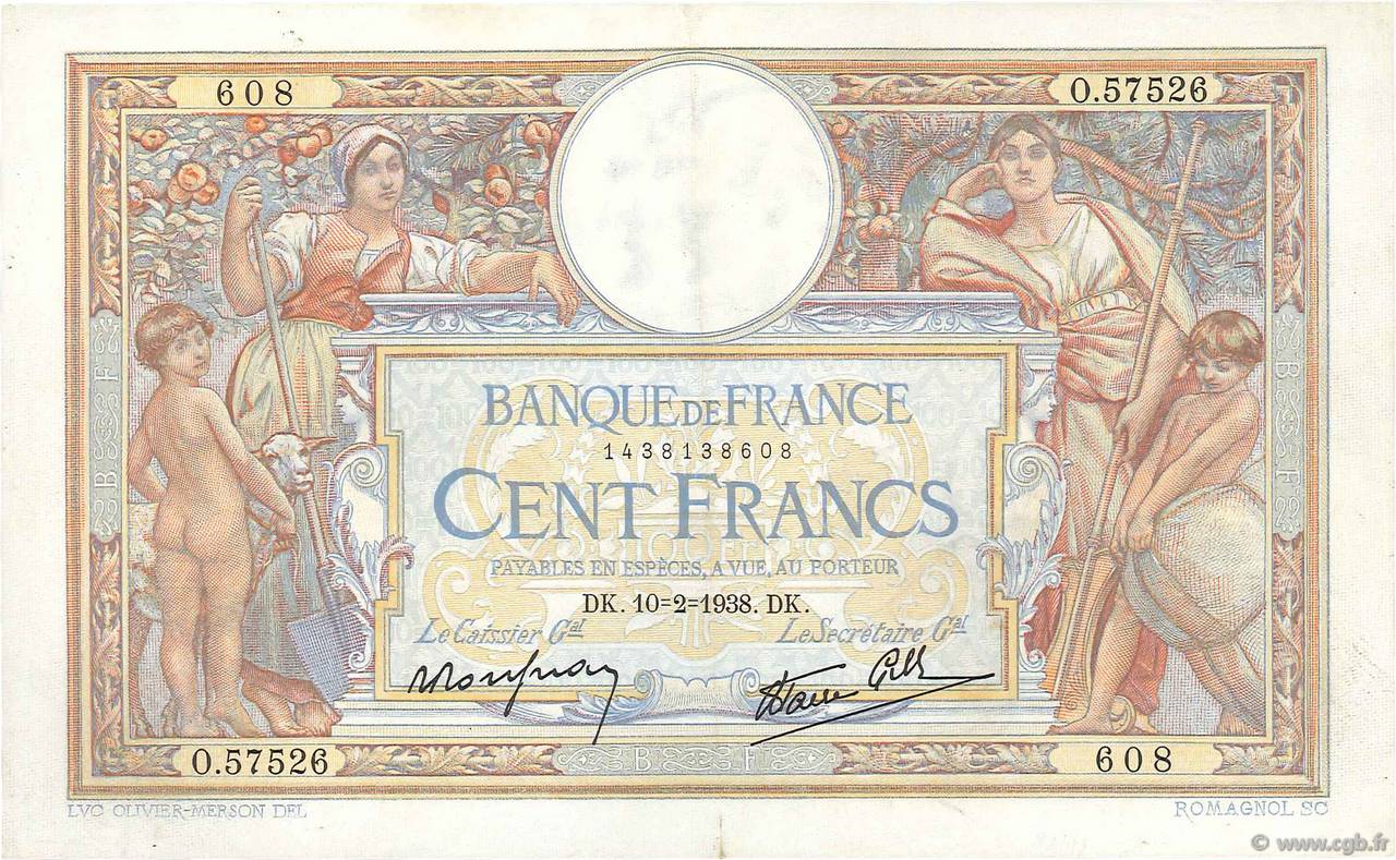 100 Francs LUC OLIVIER MERSON type modifié FRANCE  1938 F.25.10 TTB+