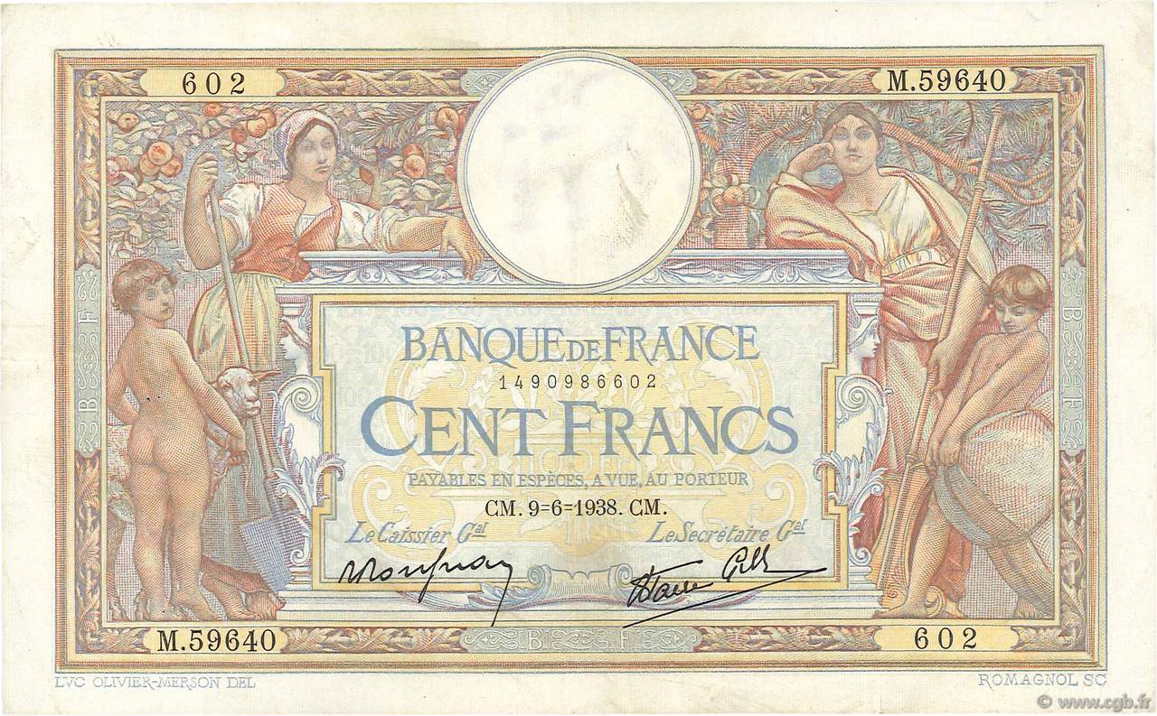 100 Francs LUC OLIVIER MERSON type modifié FRANCE  1938 F.25.22 TTB