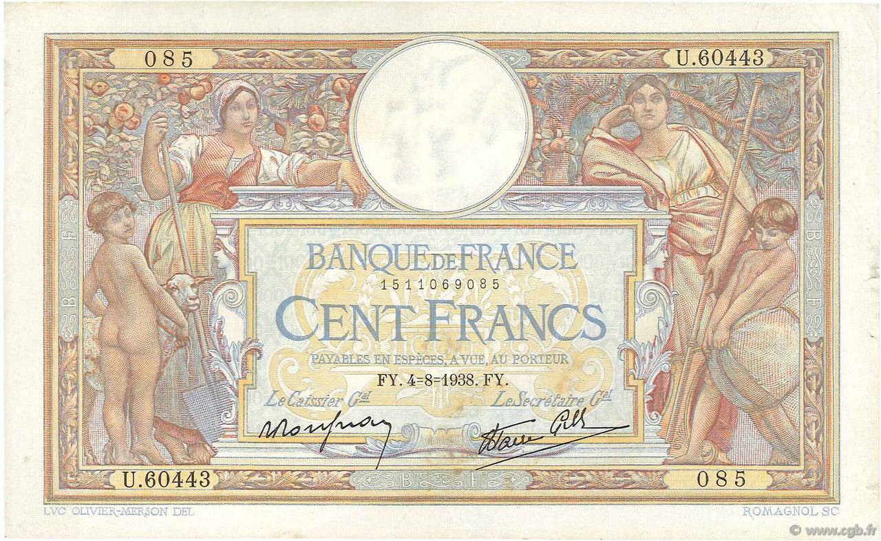 100 Francs LUC OLIVIER MERSON type modifié FRANCE  1938 F.25.27 TTB