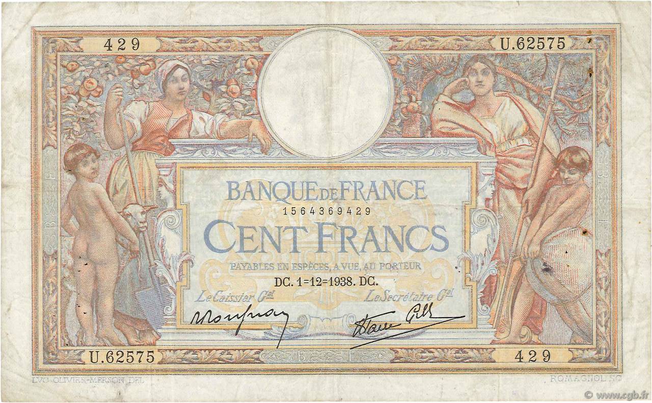 100 Francs LUC OLIVIER MERSON type modifié FRANCE  1938 F.25.35 TB