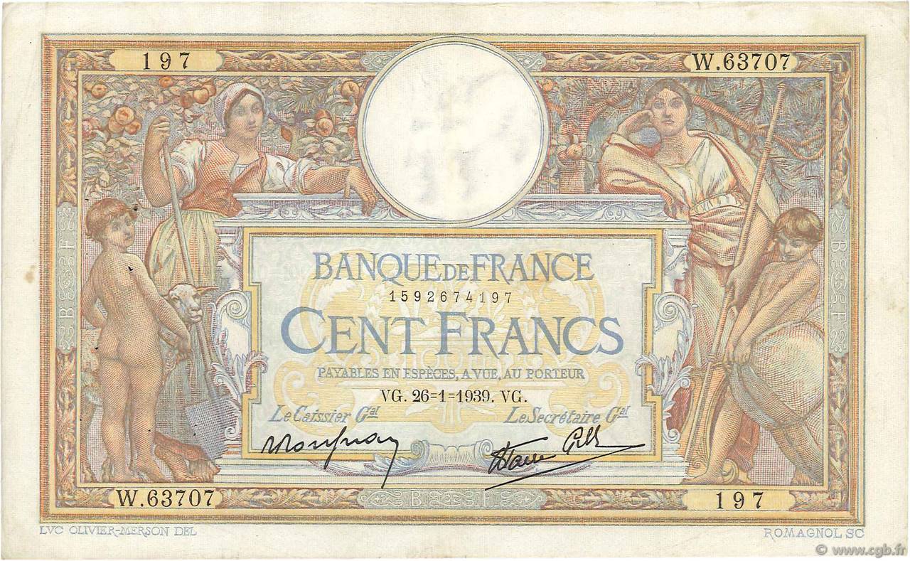 100 Francs LUC OLIVIER MERSON type modifié FRANCE  1939 F.25.40 pr.TTB