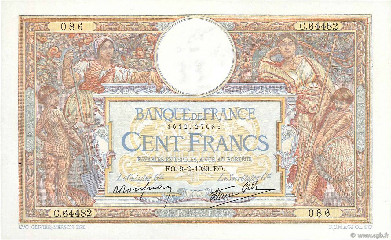100 Francs LUC OLIVIER MERSON type modifié FRANCE  1939 F.25.42 SUP+