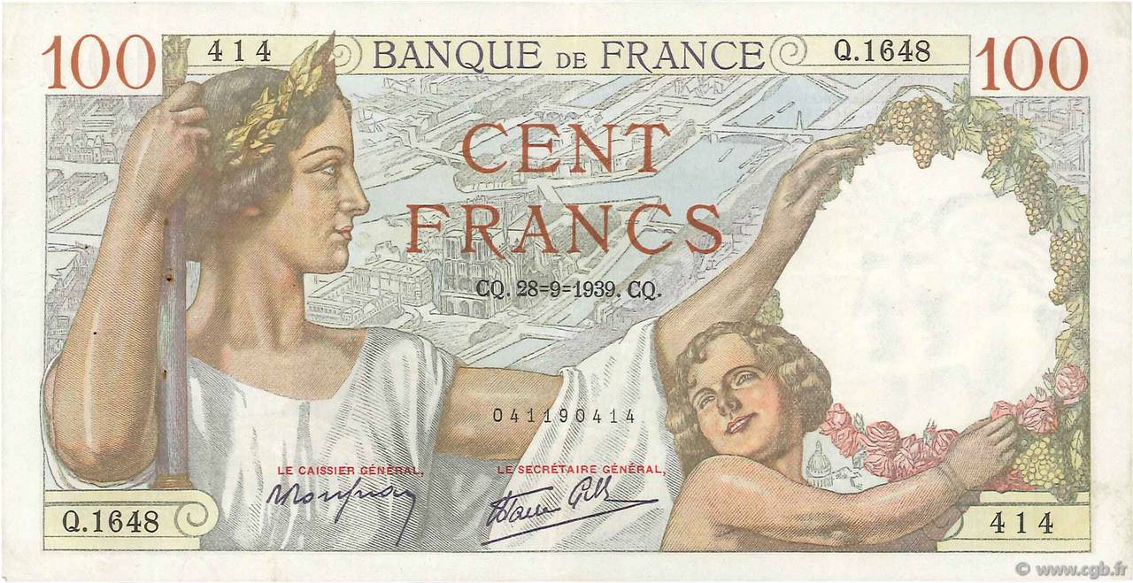 100 Francs SULLY FRANCE  1939 F.26.08 TTB