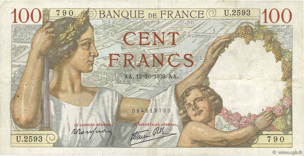 100 Francs SULLY FRANCE  1939 F.26.10 TB+