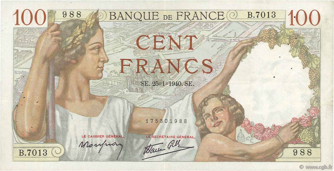 100 Francs SULLY FRANCE  1940 F.26.21 TTB