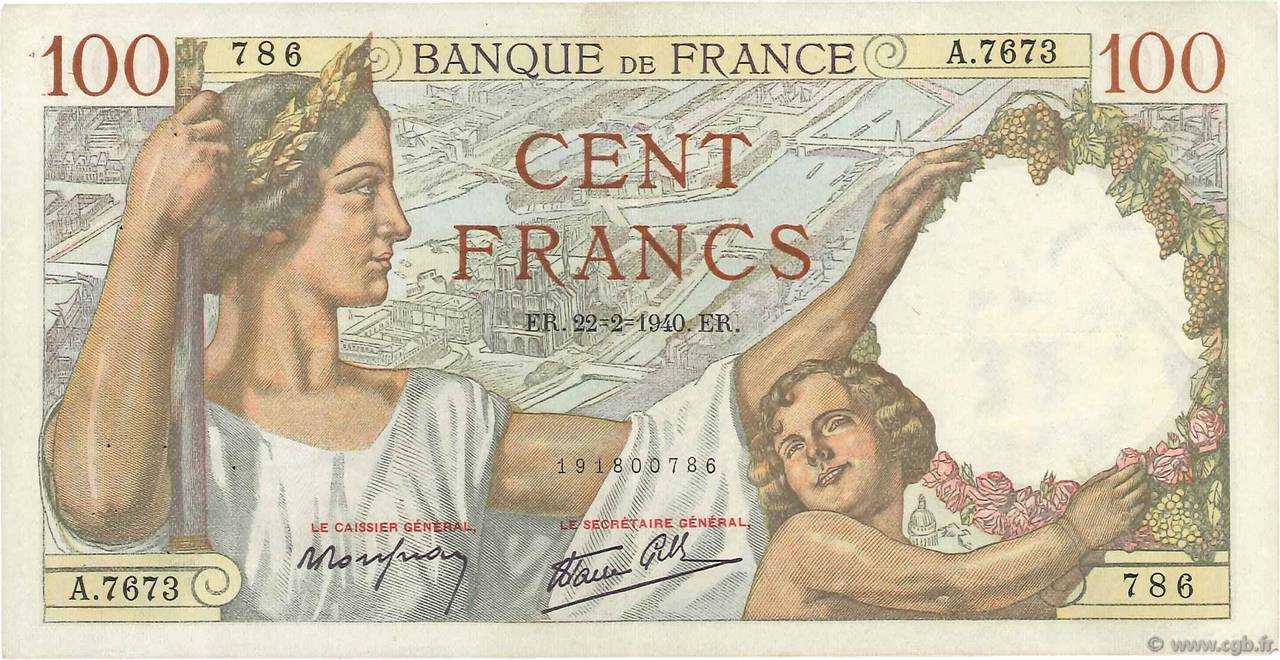 100 Francs SULLY FRANCE  1940 F.26.23 TTB