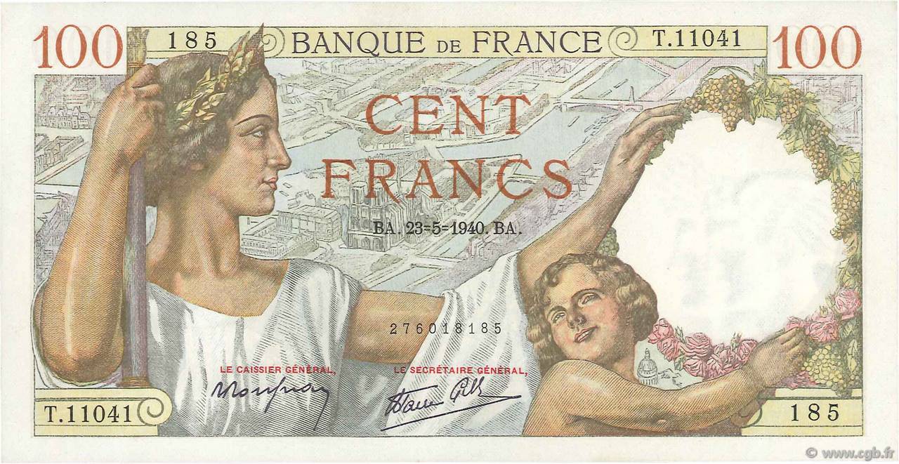 100 Francs SULLY FRANCE  1940 F.26.30 SPL