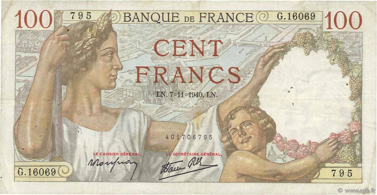 100 Francs SULLY FRANCE  1940 F.26.40 TB