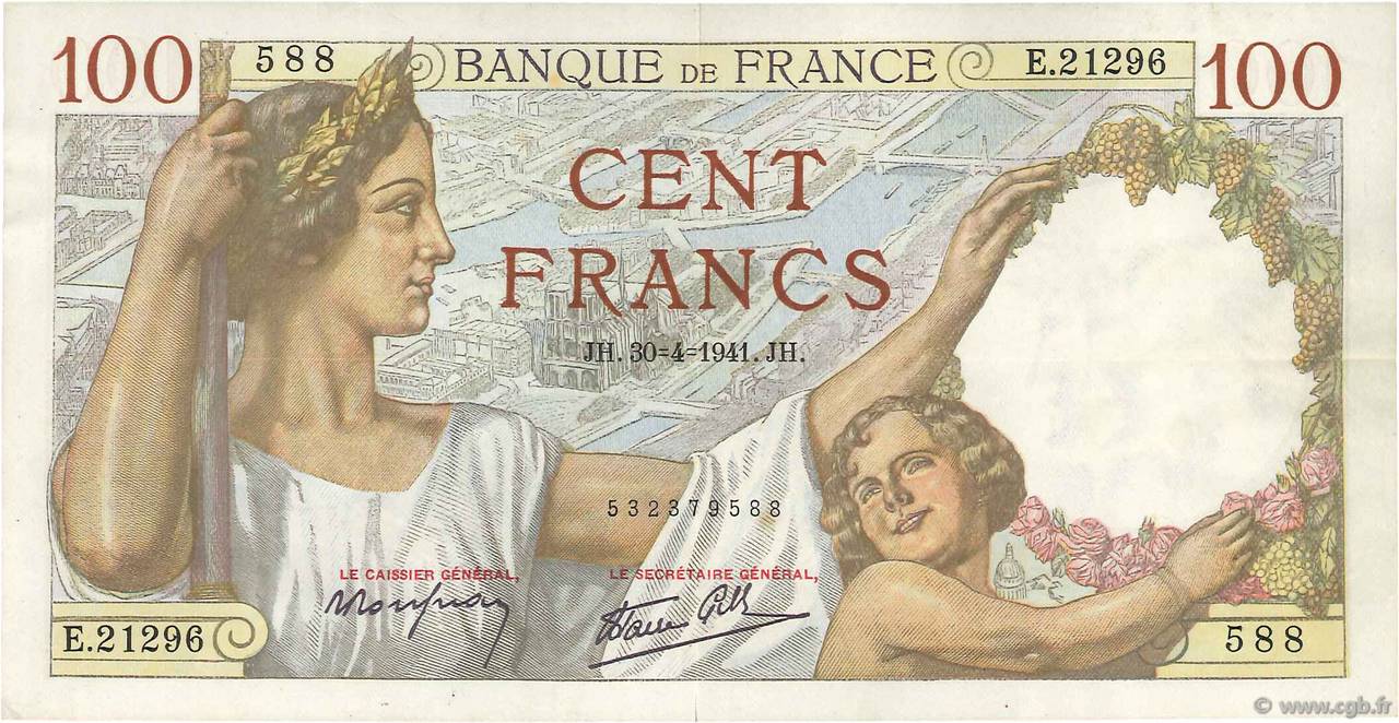 100 Francs SULLY FRANCE  1941 F.26.51 SUP