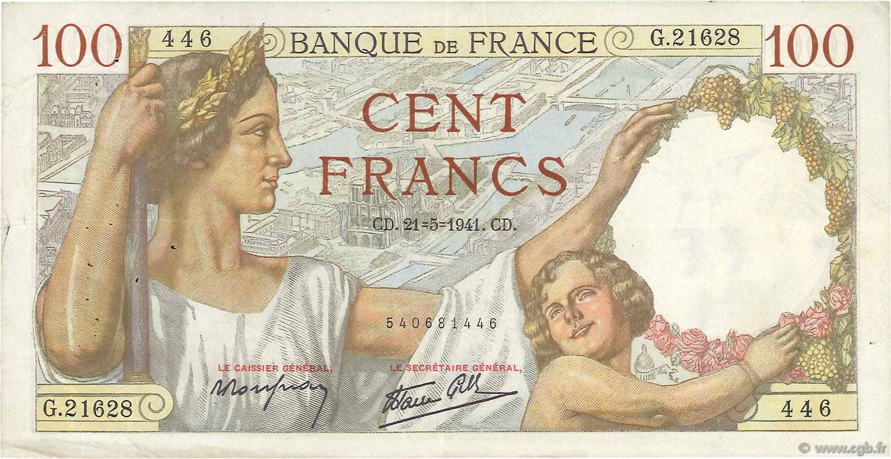 100 Francs SULLY FRANCE  1941 F.26.52 pr.TTB