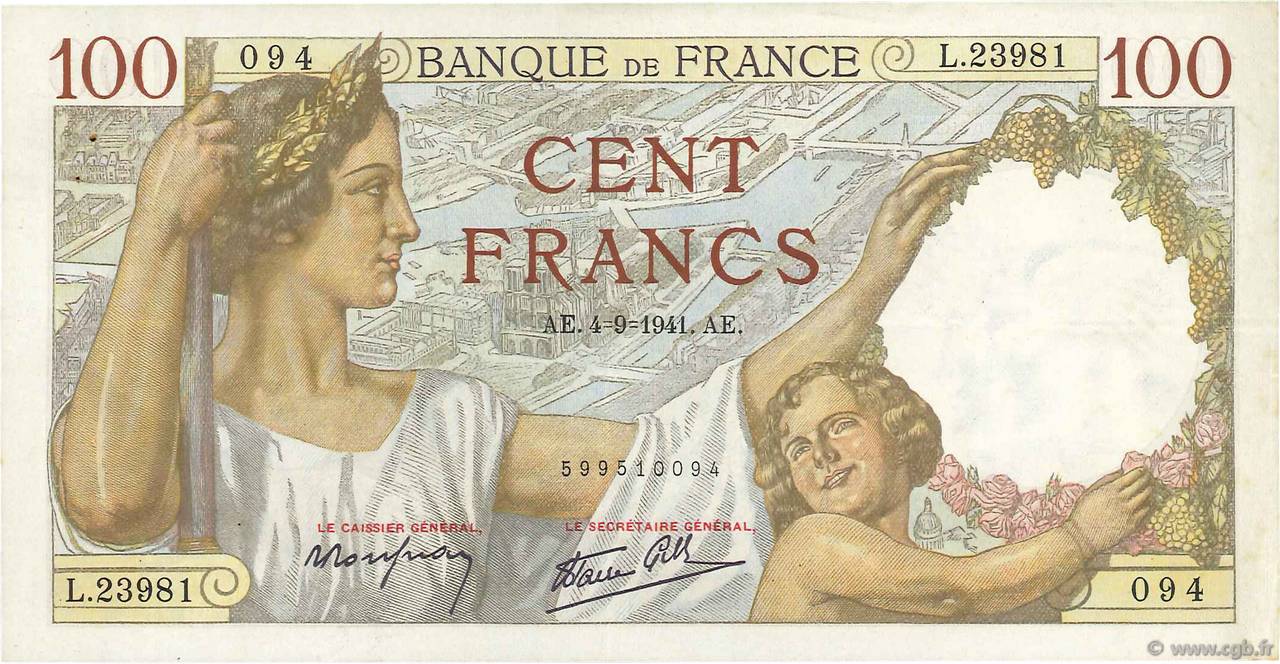 100 Francs SULLY FRANCE  1941 F.26.57 TTB+