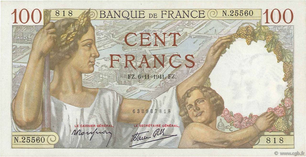 100 Francs SULLY FRANCE  1941 F.26.60 SPL
