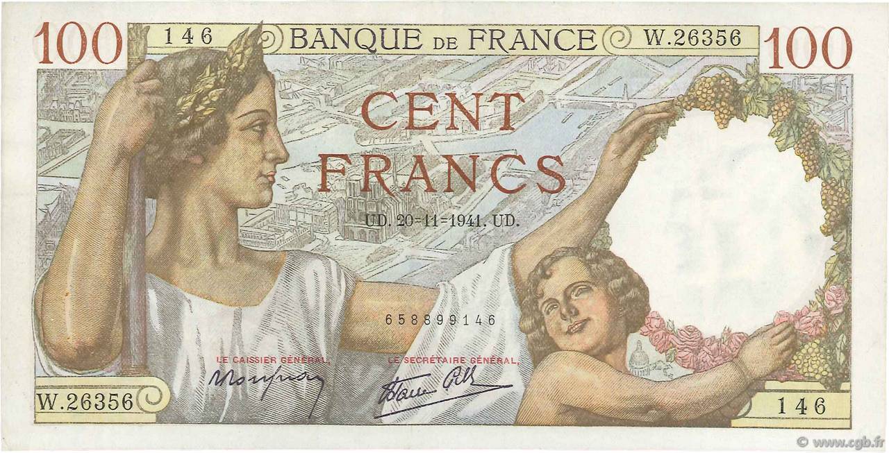 100 Francs SULLY FRANCE  1941 F.26.61 TTB+