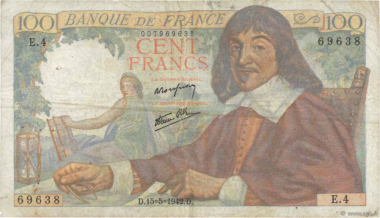 100 Francs DESCARTES FRANCE  1942 F.27.01 B